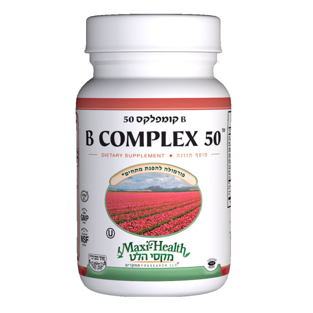 בקבוק תוסף תזונה Oaktree B-Complex 50, כיתוב בעברית